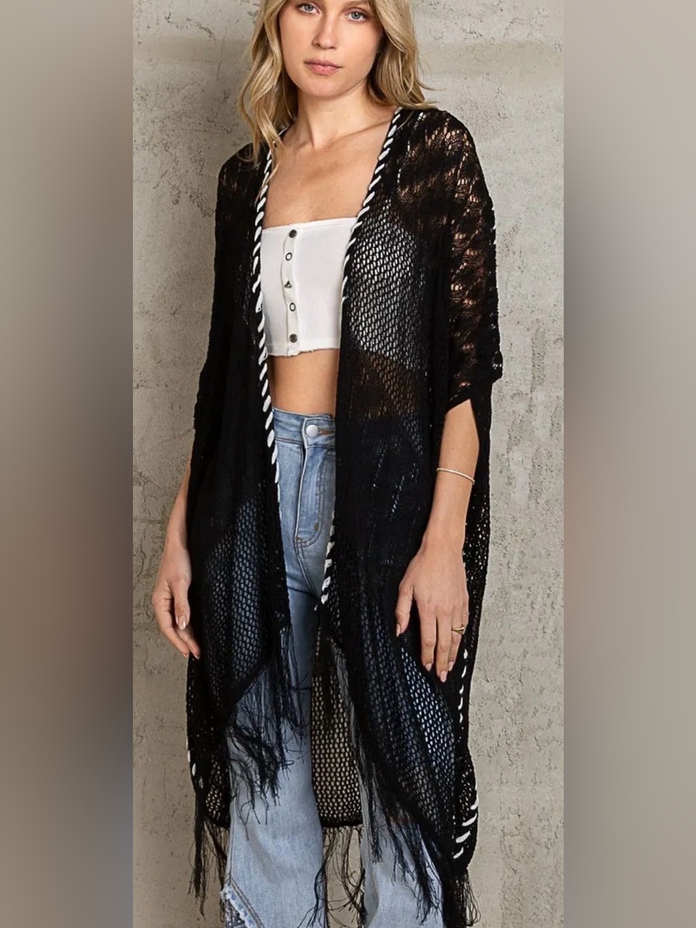 POL Black Crochet Fringe Kimono Cardigan Duster